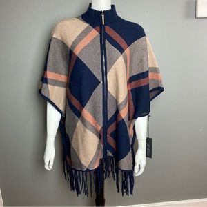 NWT Rachel Zoe Plaid sweater poncho fringe navy autumn colors